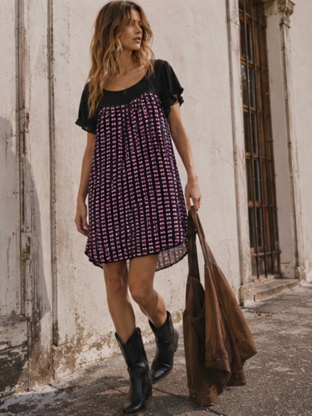 Max Studio Black & Pink Patterned Short Sleeve Chemise / Tunic Dress/ Tunic Top